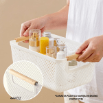CANASTA PLASTICA MANIJA DE BAMBU 22X35X17CM (F-13009)