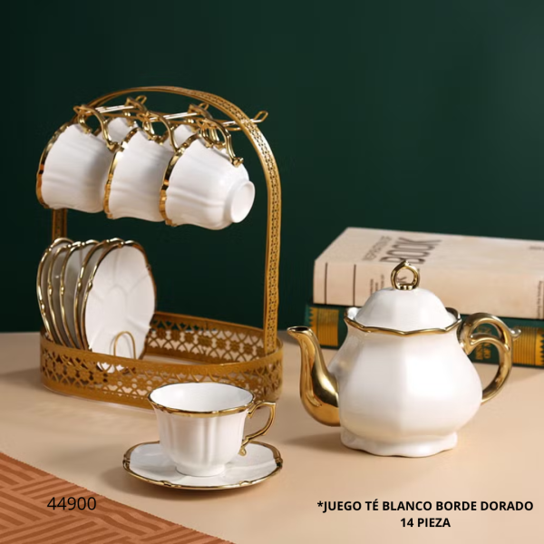 JUEGO DE TE 14 PCS BLANCO C/BORDE DORADO (T-26)